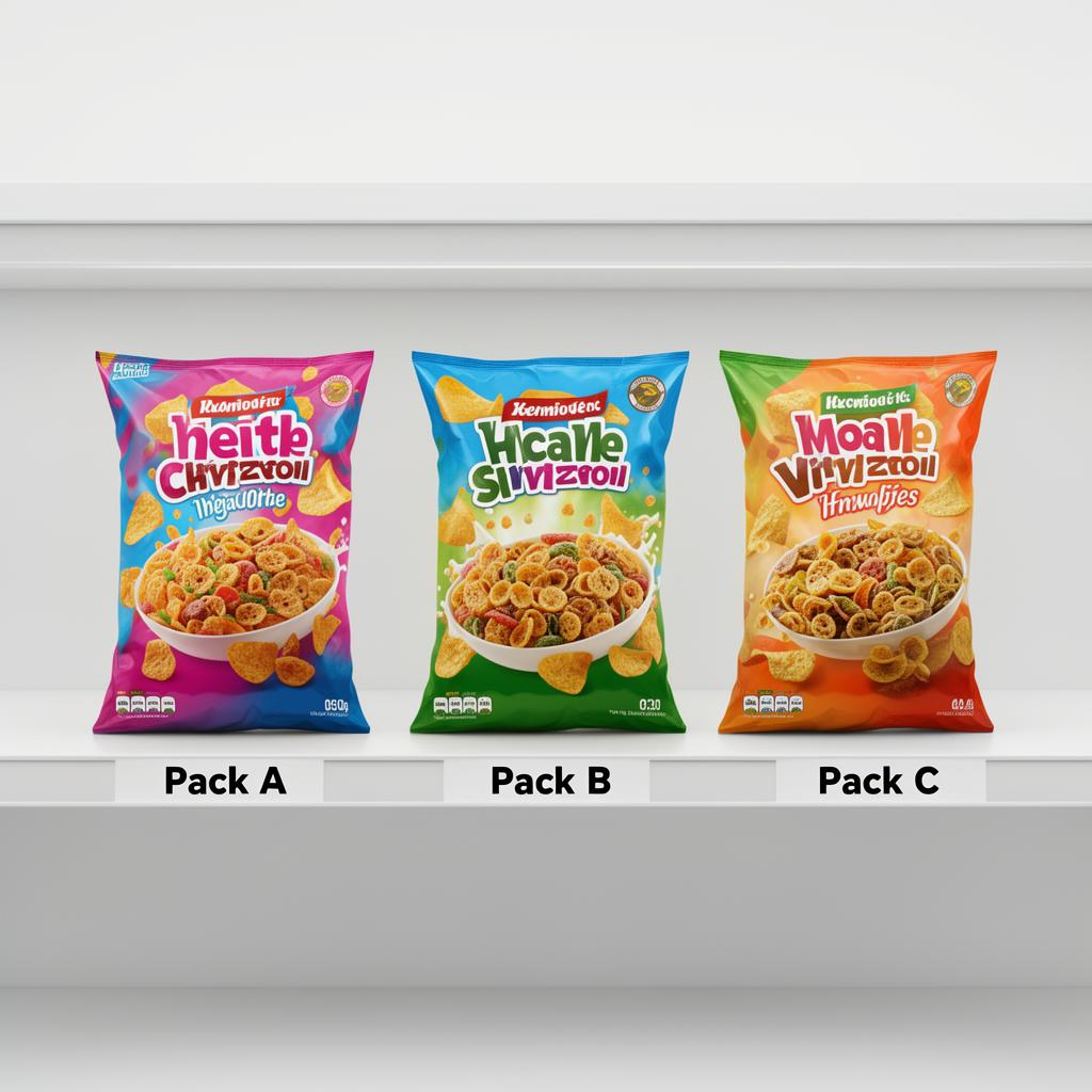 Three pack design variants A, B and C compared side by side on a virtual shelf