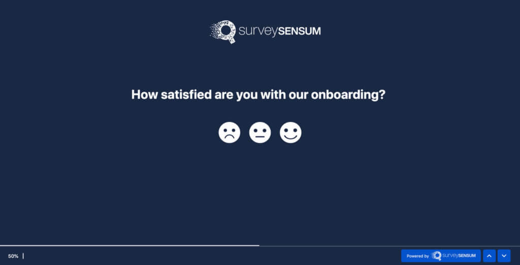 The image shows the 3-point Likert Scale question made on the SurveySensum CX platform. The question asks the customer how satisfied they were with the onboarding process with 3 emojis to choose from. 