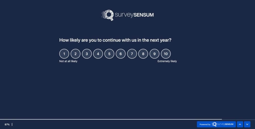 The image shows the 10-point Likert Scale question made on the SurveySensum CX platform. The question asks the customer how likely are they to continue with the platform in the next year with 10 options to choose from. 