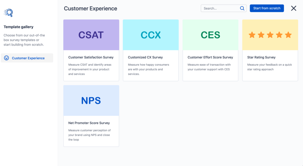 The image shows different types of survey templates on the SurveySensum CX platform. 