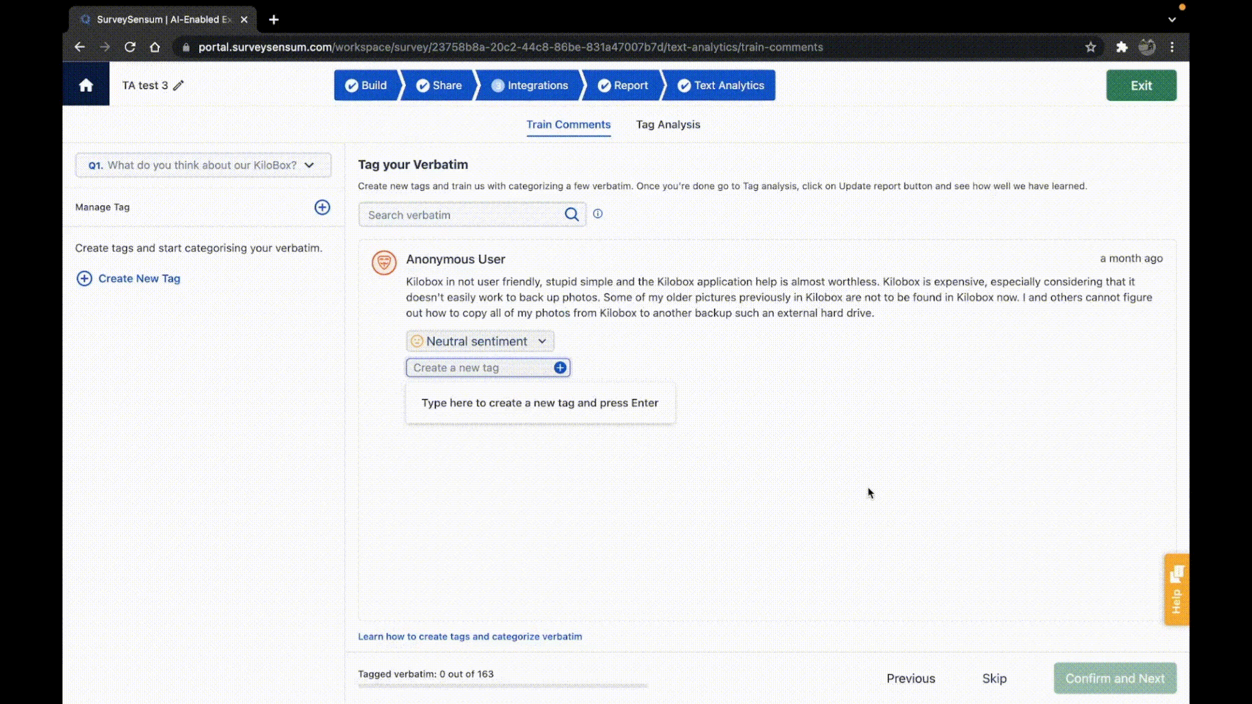 A gif showing how SurveySensum’s Text Analytics Software works to analyze the gathered qualitative feedback by creating tags, and themes. 