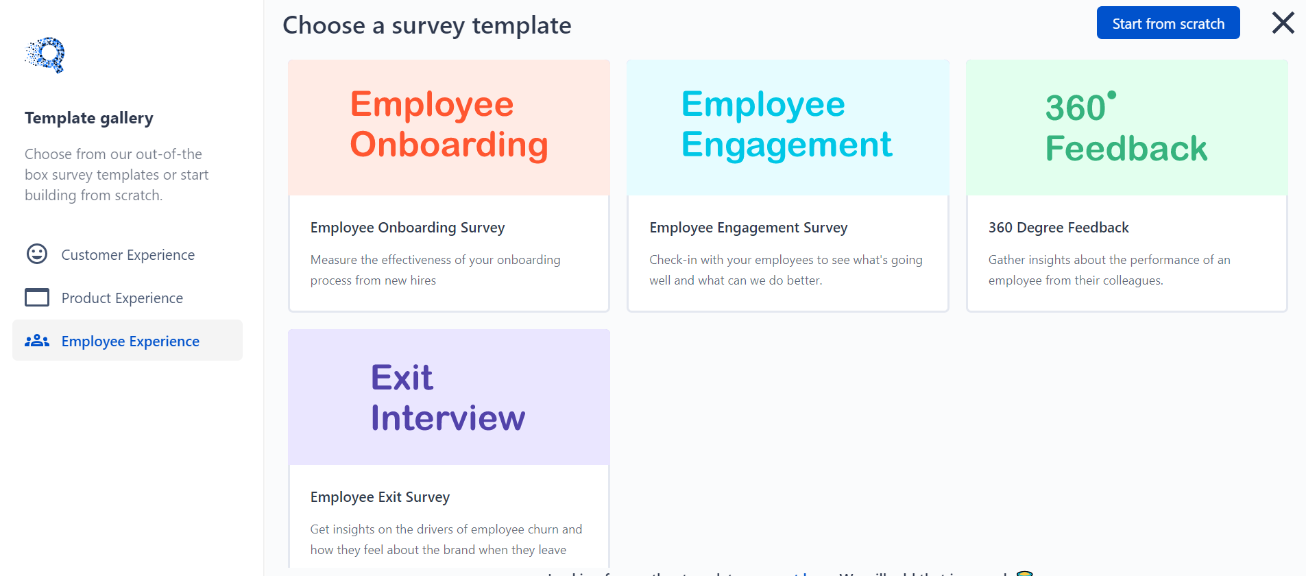 This is the image of survey templates of employee experience surveys - employee onboarding, employee engagement, 360-degree feedback, and exit interview.