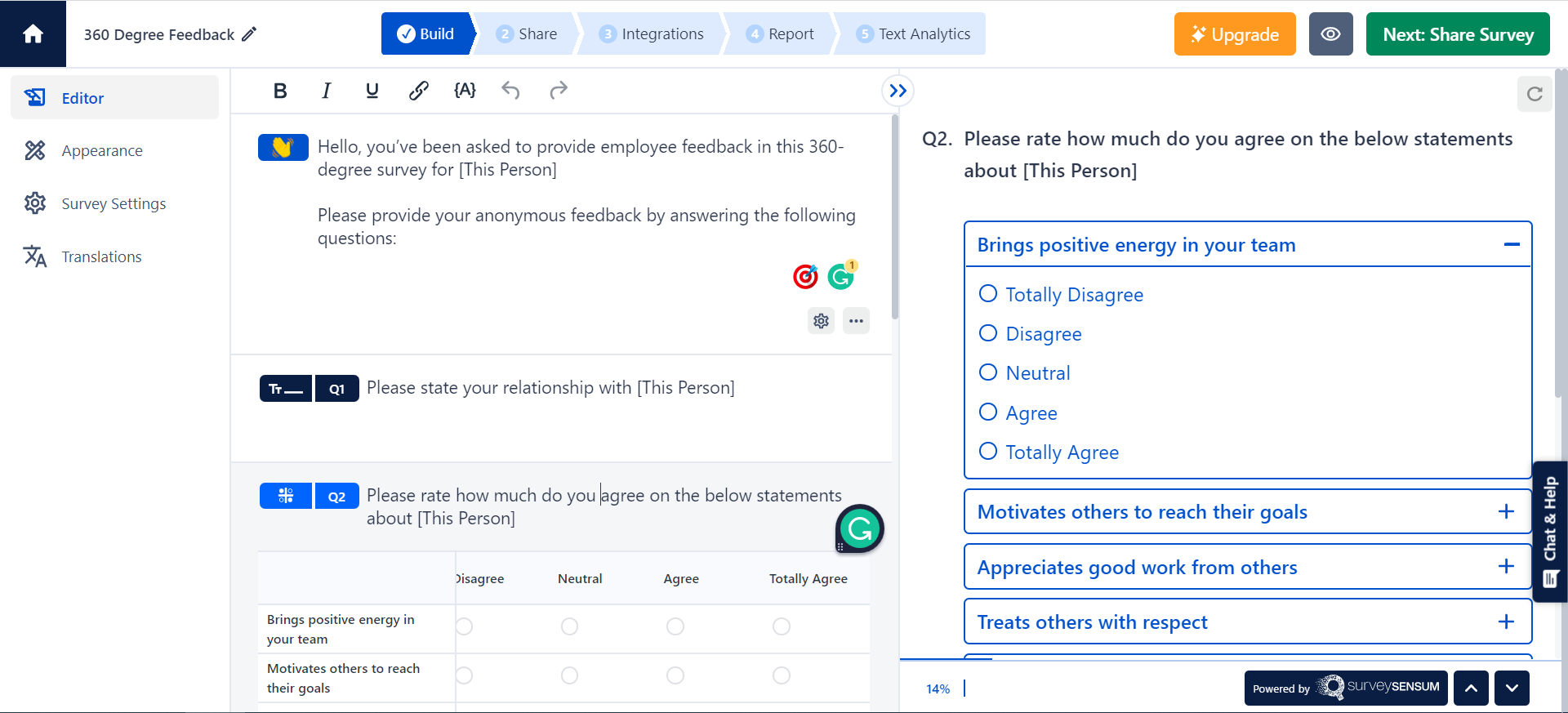This is the image of the pre-designed survey template 360-degree feedback survey. The template has sample survey questions that can be customized. Also, the survey settings and themes can be customized.