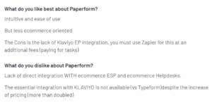 Customers providing their insights about what they like and dislike about Paperform