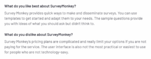 Customers providing their insights about what they like and dislike about SurveyMonkey