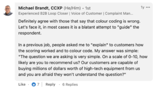 Michael Brandt, Founder, Senior Consultant & Trainer at CX-Excellence, expressing his view on color coding the NPS scale.