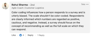 Rahul Sharma, Agile coach and Customer logistics at Delivery Hero, talking about his thought on color coding the NPS scale. 