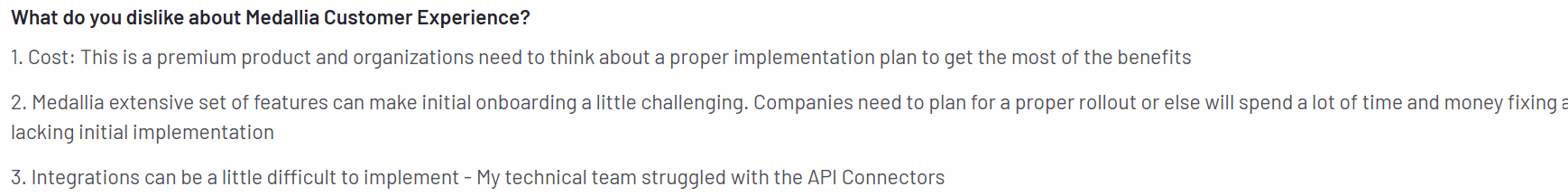 A screenshot of Medallia pricing review given on G2 review talking about integrations 