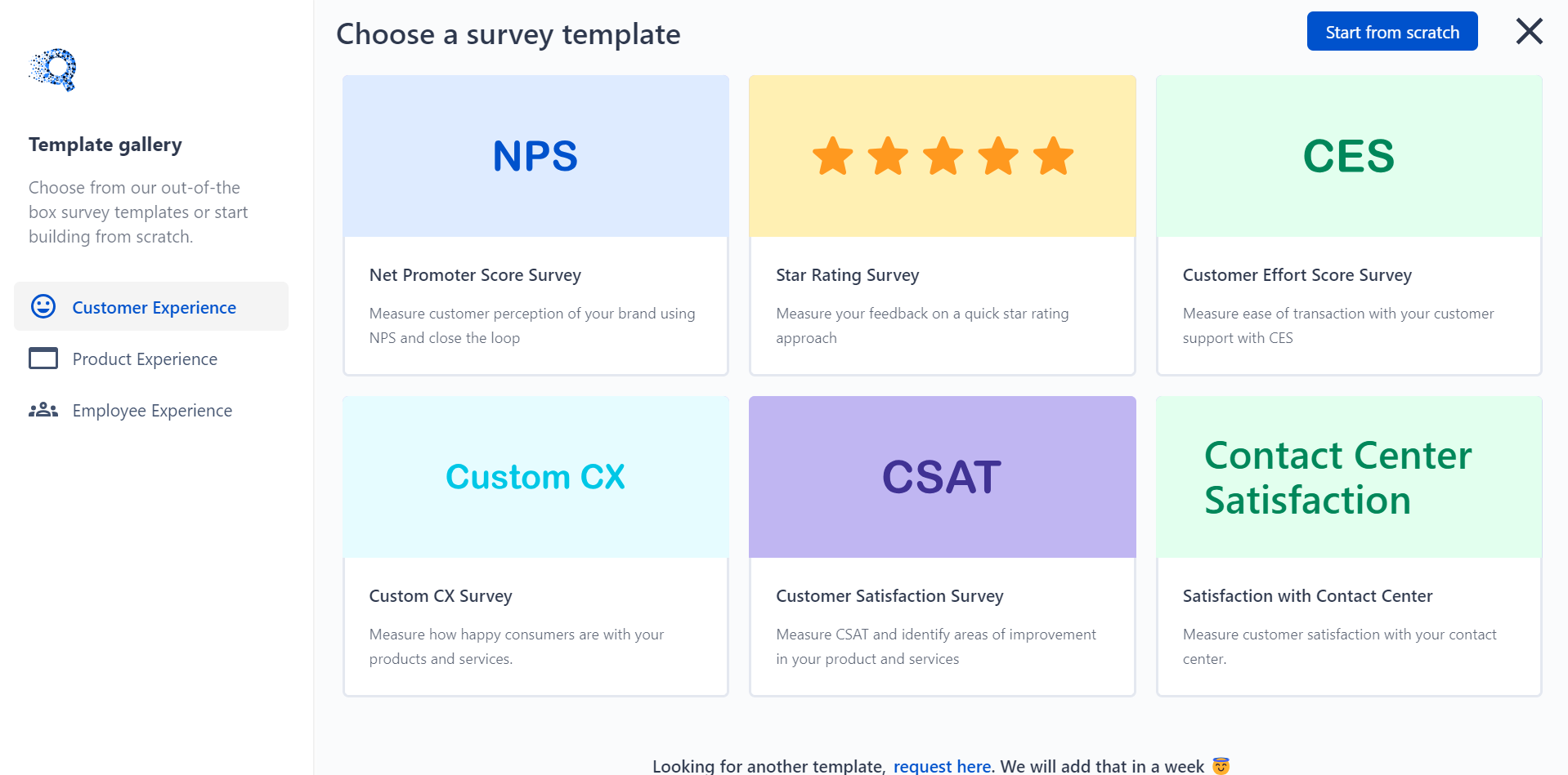 This is the image of the Customer experience survey templates with different types of surveys - NPS, star rating survey, CES, Customer CX, CSAT, and Contact center satisfaction survey.