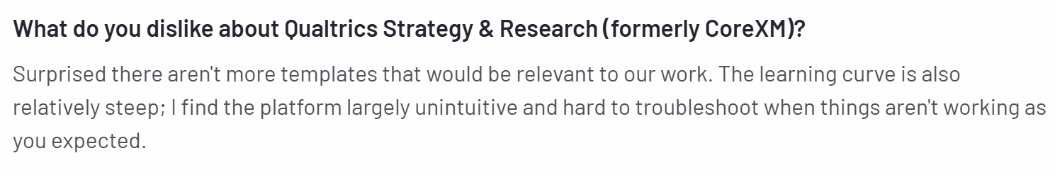 A screenshot of a customer review on Qualtrics from the G2 platform