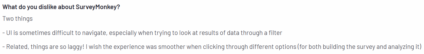 The image shows a customer review on the G2 platform regarding SurveyMonkey’s complex UI. 