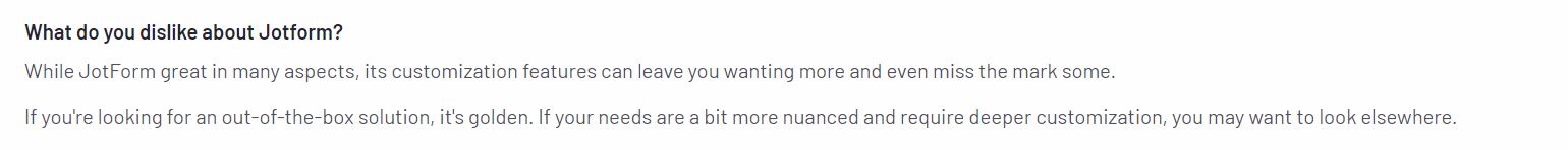 A screenshot of a customer review on Jotform from the G2 platform