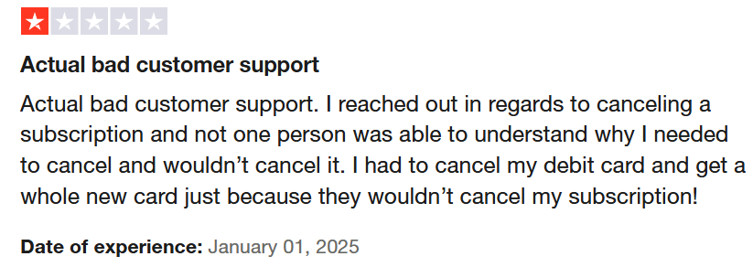 One-star customer review criticizing Typeform’s support team for failing to cancel a subscription, forcing the user to cancel their debit card.