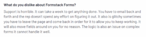 Customer review explaining Formstack’s poor customer support