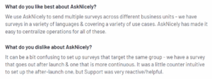 Customer review of AskNicely in G2 platform explain what they like and dislike about the tool