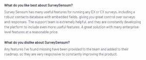 Customer review of SurveySensum in G2 platform explain what they like and dislike about the tool