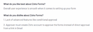 Customer review of Zoho Forms in G2 platform explain what they like and dislike about the tool