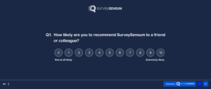 An NPS survey question displayed in SurveySensum Survey tool