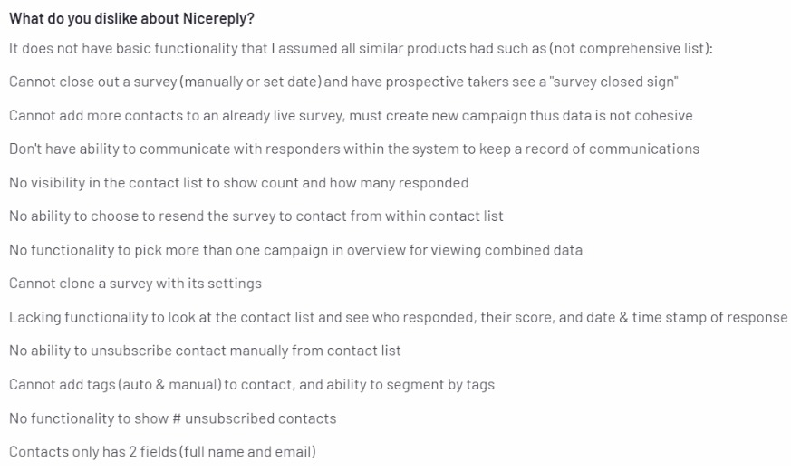 A screenshot of a customer review on NiceReply from the G2 platform