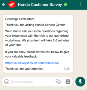 An image showing WhatsApp survey created on the SurveySensum tool
