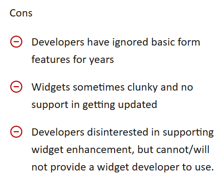 The image show a con of Jotform shared by customer on the Gartner platform on the tool’s lack of some basic features. 