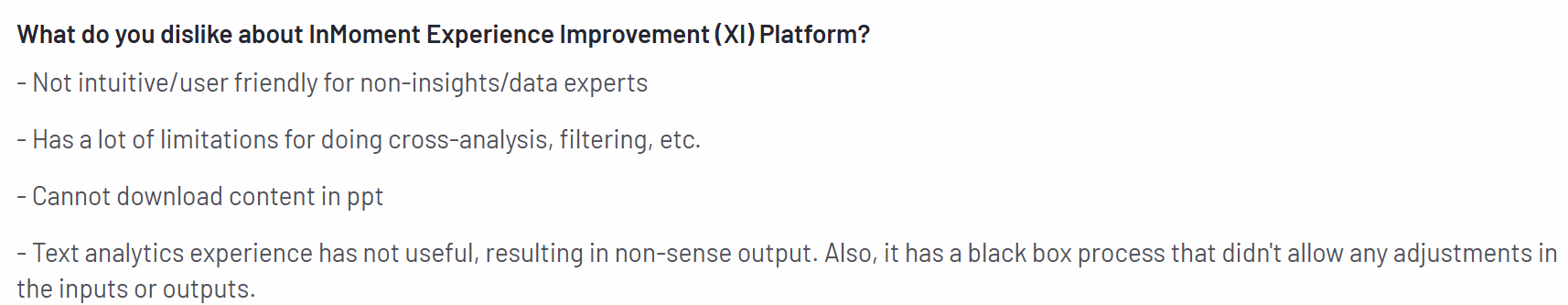 The image shows a customer review of InMoment on the G2 platform on its complex text analytics feature.
