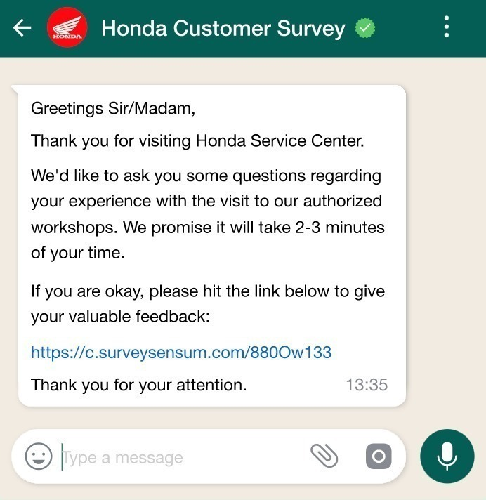 The image shows the WhatsApp survey shared via the SurveySensum platform. 