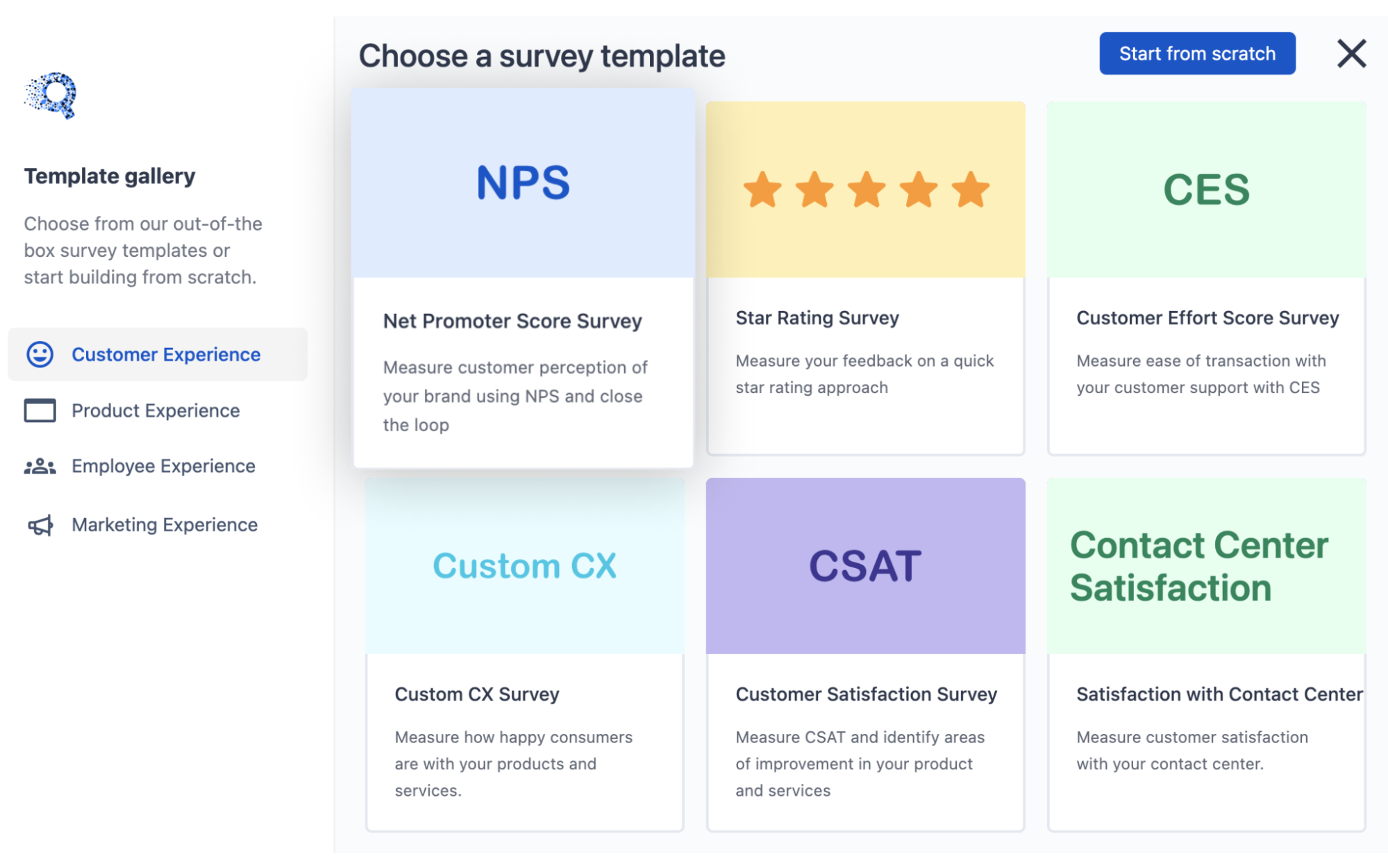 This is the image of the Customer experience survey templates with different types of surveys - NPS, star rating survey, CES, Customer CX, CSAT, and Contact center satisfaction survey. 