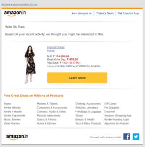 An example of customer satisfaction best practices where Amazon is delivering personalized customer interactions via email marketing.