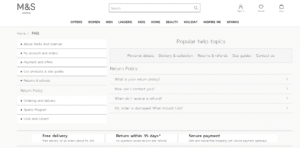 The image shows a screenshot of the return policy page of Marks and Spencer.