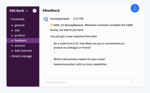 The image shows SurveySensum text analytics tool with slack