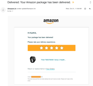 The image shows a post-delivery feedback email from Amazon