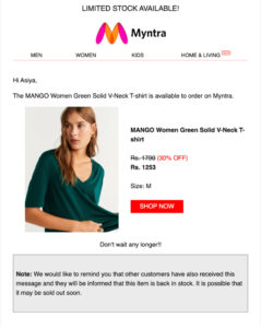 The image shows a notification from Myntra when a particular item is back in stock as one of the retail customer experience strategy