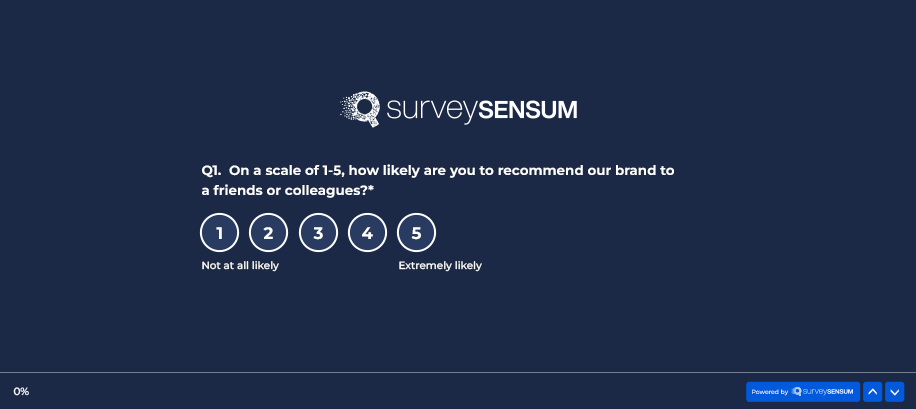 This image shows the survey question designed for Net Promoter Score (NPS) Survey on the SurveySensum platform as one of the example of online shopping survey questions