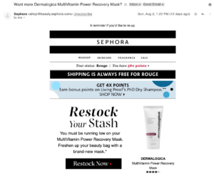 Another retail personalization examples image shows an email by Sephora suggesting products the customer bought before