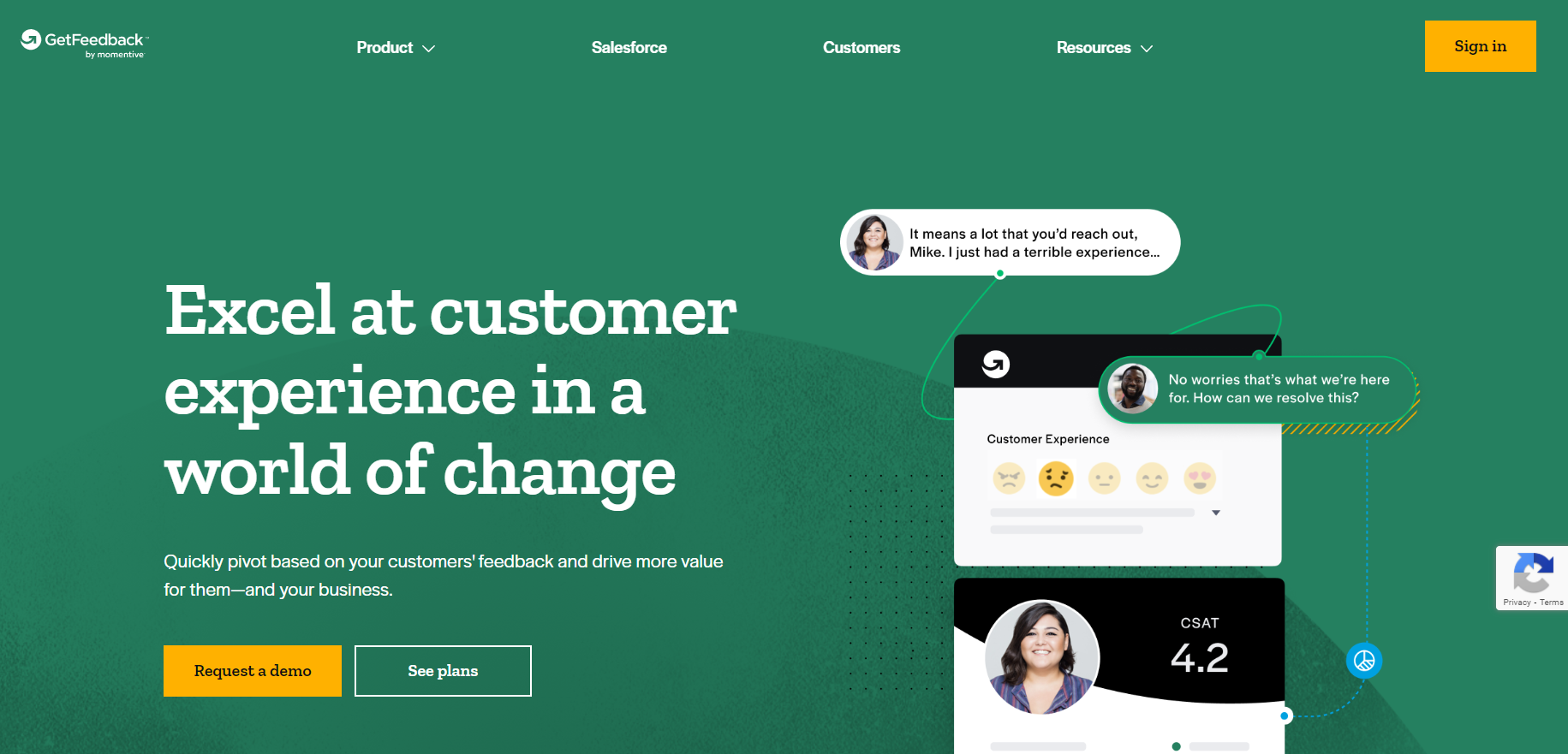The image is of the GetFeedback homepage, a CSAT tool for measuring customer satisfaction. 