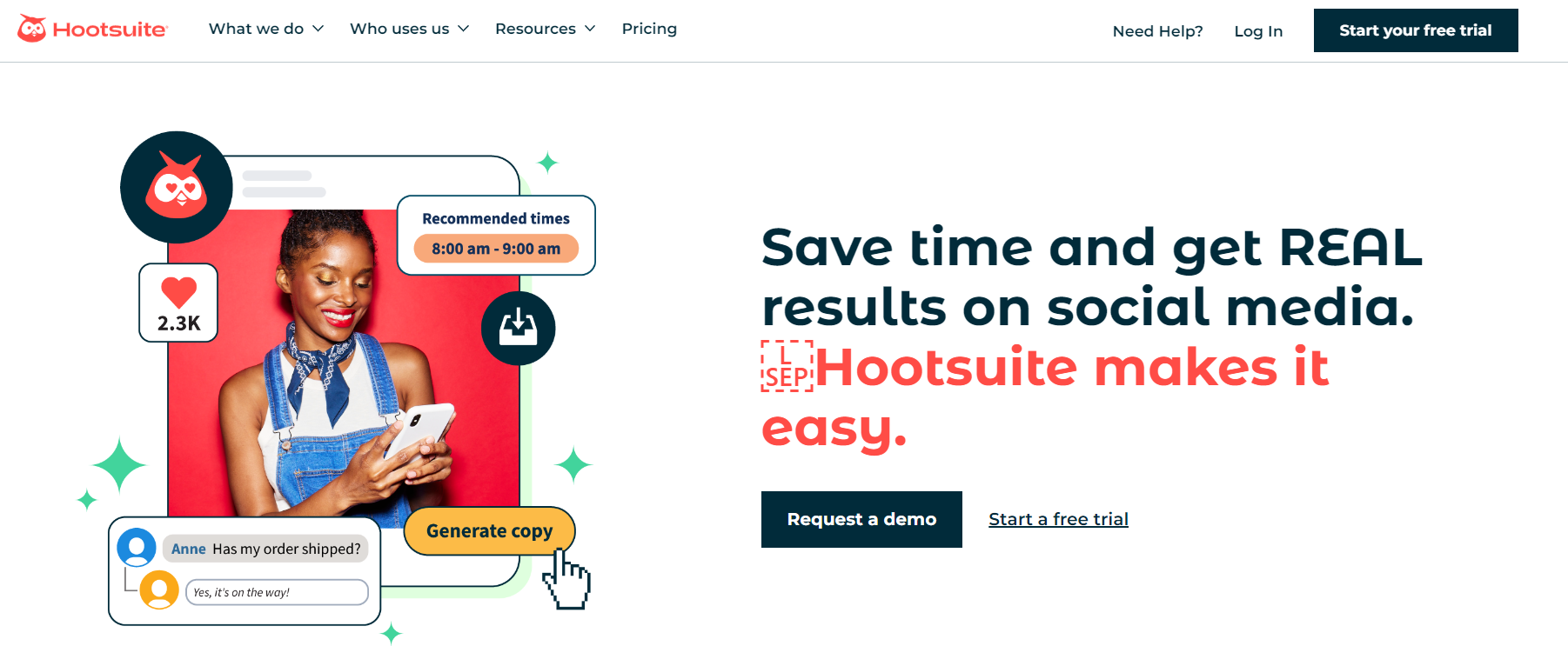 The image is of the Hootsuite homepage, a CSAT tool for measuring customer satisfaction. 