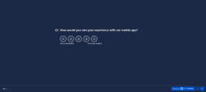 An image showing a type of SaaS customer satisfaction survey - an app store survey created on the SurveySensum tool asking how would you rate your experience with our mobile app on a 5-point scale