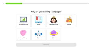 This image shows the Duolingo onboarding process