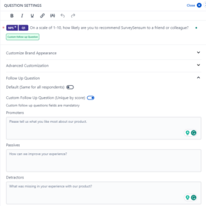 The image shows the follow-up NPS questions