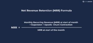 An image showing the calculation of Net Revenue Retention done by taking the Monthly Recurring Revenue (MRR) at the start of the month plus expansion plus upsells minus churn and contraction divided by Monthly Recurring Revenue (MRR) at the start of the month
