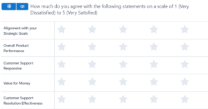 An image showing the grid relationship NPS survey created on the SurveySensum tool asking how much you agree with the following statements on a 5-point rating scale about alignment with your strategic goals, overall product performance, customer support responsiveness, value for money, etc.  