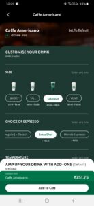 The image shows the customization of drinks on the Starbucks mobile app