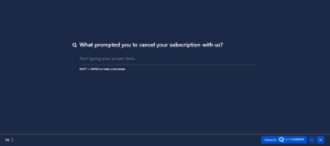 An image showing a subscription cancellation survey created on the SurveySensum tool asking an open-ended question - What prompted you to cancel your subscription with us? 