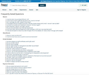 The images show the Zappos FAQs page