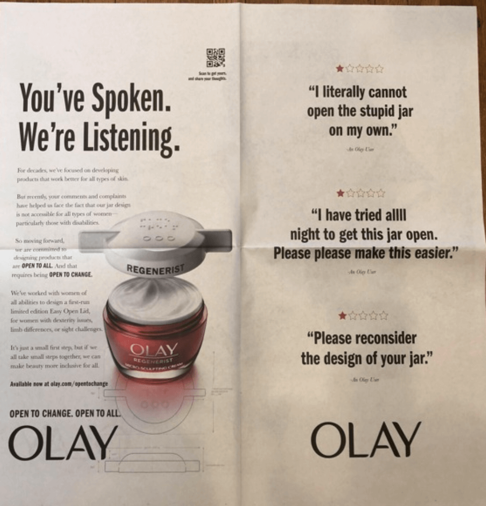  The image shows an advertisement by Olay in which the brand announces changes to their product. 