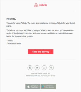 A screenshot of customer feedback conducted by Airbnb to gauge customer experience 