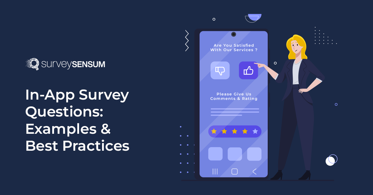 This is a banner image of In App Survey Questions Examples & Best Practices. Here the character is answering an in-app survey question where they are being asked to rate the customer service.