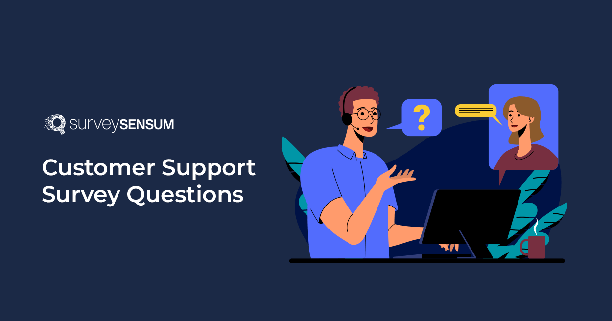 This is the banner image of customer support survey questions blog. In this image, it is shown that a customer care executive is asking a customer about their issue and the customer explaining the issue.