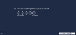 The image shows beta-testing in-app survey where the user is asked to rate their experience in reporting issues they encountered.